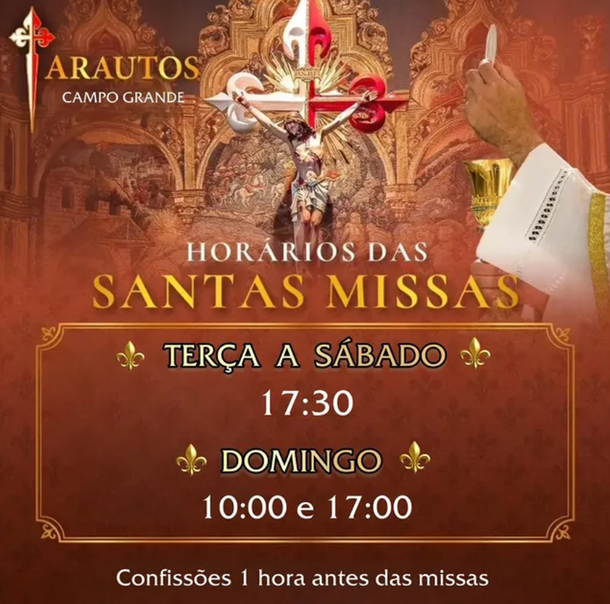 Horários das Missas
Terça a sábado: 17:30h
Domingo: 10:00h e 17:00h

Confissões 1 hora antes das Missas.